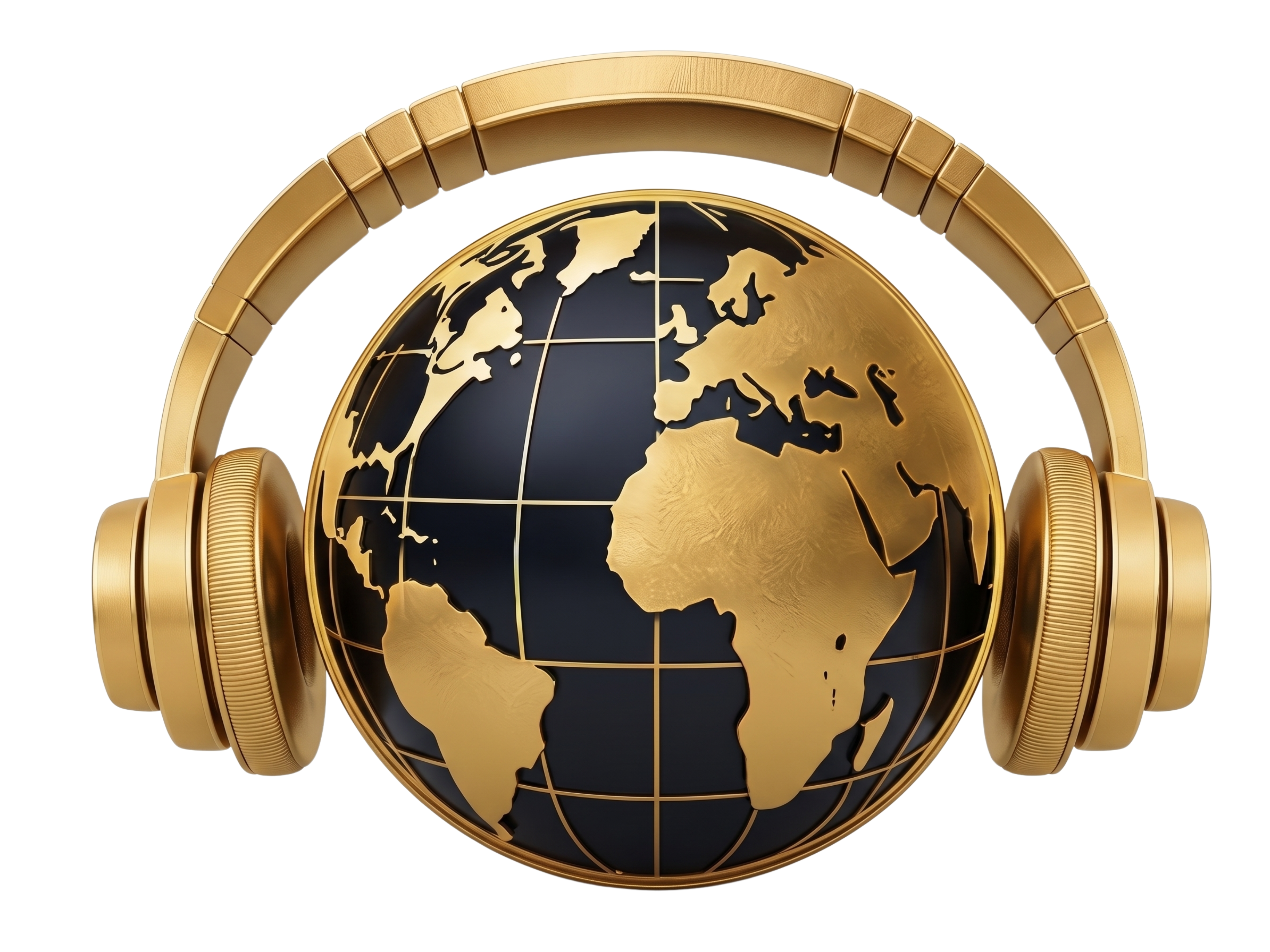Gold globe wearing premium headphones on a black background