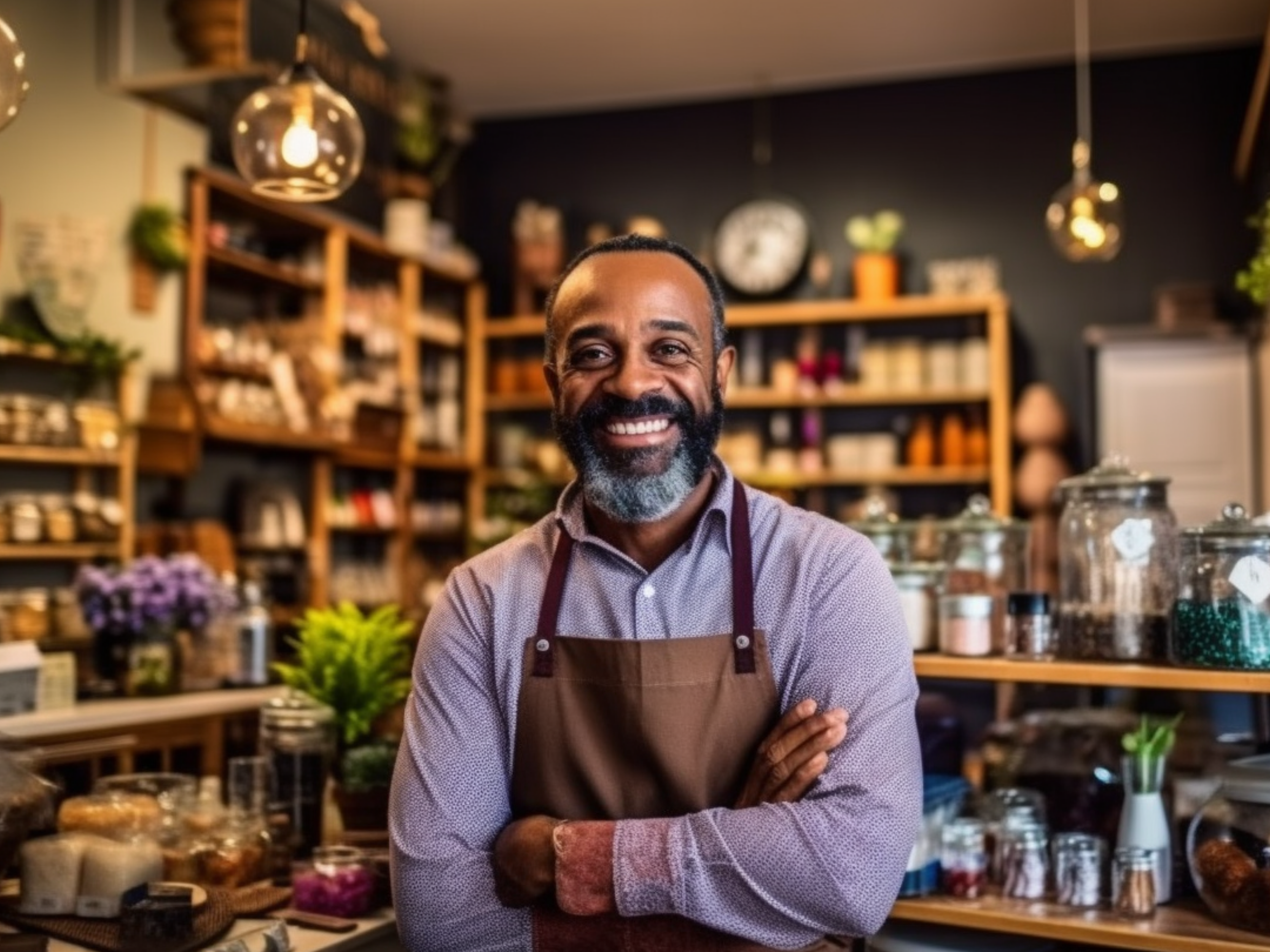 Black shop owner standing proudly in a specialty retail store